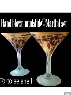 2 Vintage tortoise shell pattern Hand-blown artisan Martini/ mudslide set